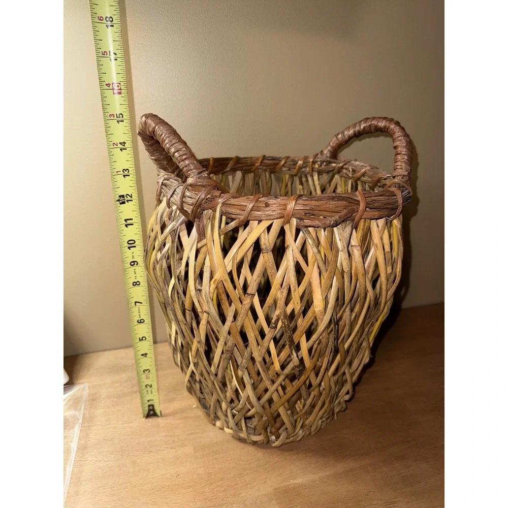Vintage Handwoven Wicker Basket with Handles Rustic Farmhouse Cottage Decor